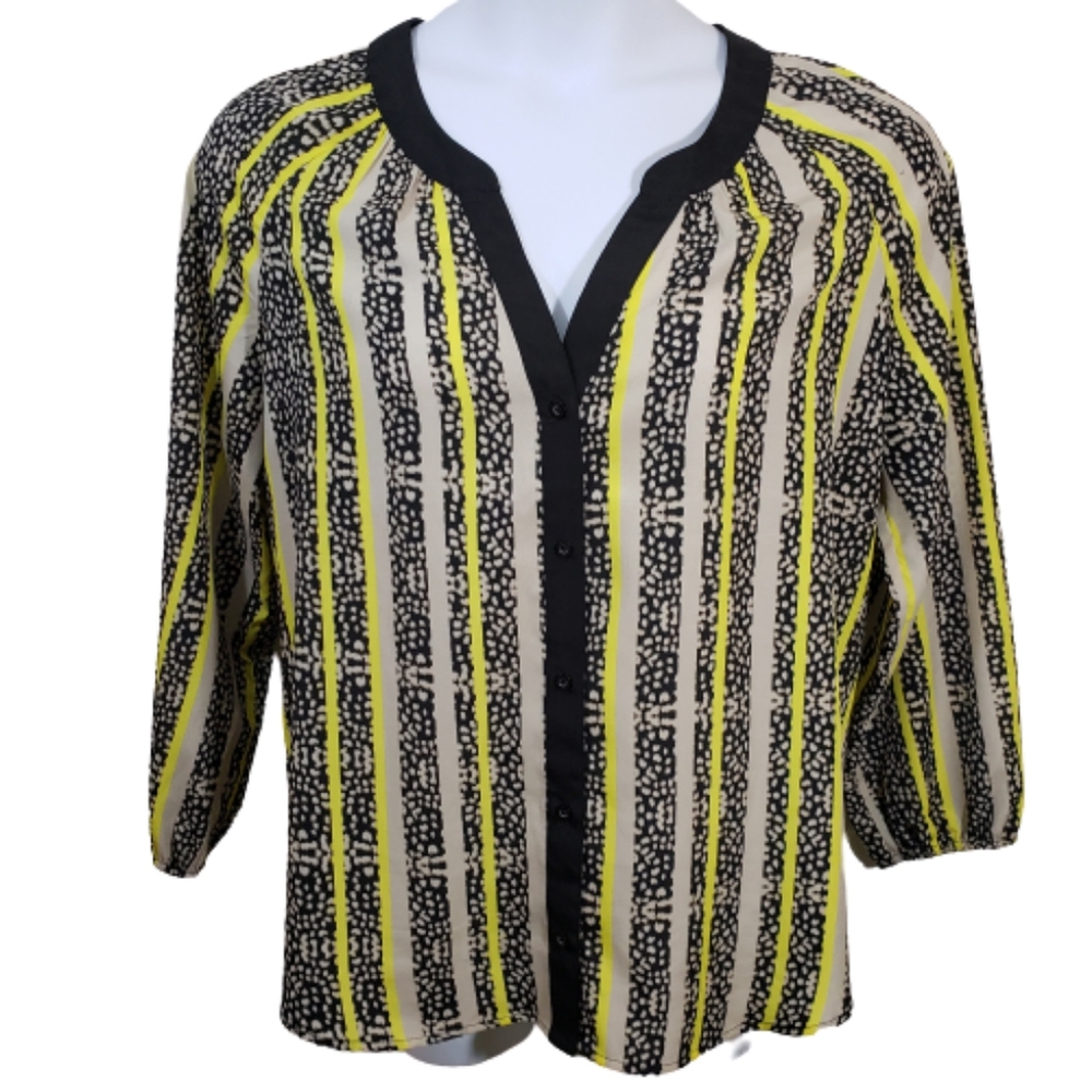Calvin Klein blouse vertical striped yellow black beige bracelet sleeves Large